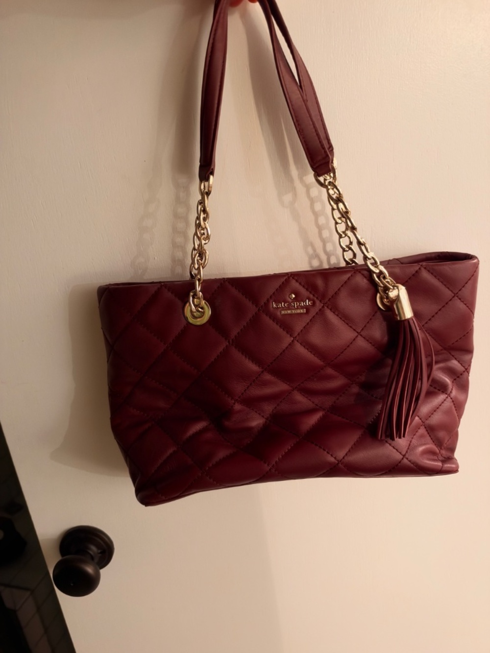 Kate Spade Burgundy Quilted Tote Gold Chain Straps & Tassel